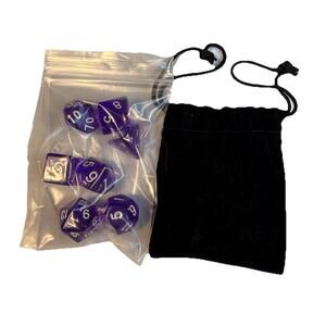 New 7 Piece Polyhedral translucent Purple W/ White Number Dice Set & Bag /  D&D